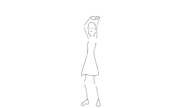Hand drawn animation. Cute stick figure dancing with a happy smile on her face.