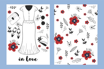 Vintage fashion clothes hand drawn vector print. Illustrations for  cards, posters, cards, t-shirts, book, textile.
