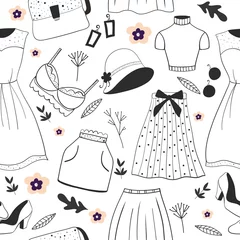 Muurstickers Vintage hand drawn clothes, seamless pattern, accessories, bags. Sketch for wrapping paper. © reddish
