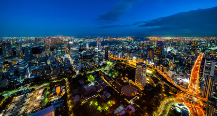 city skyline aerial night view in Tokyo, Japan