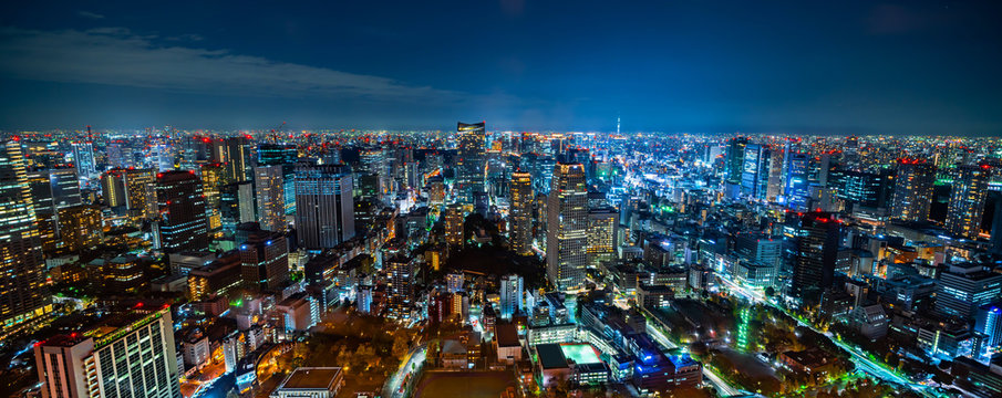 City Skyline Aerial Night View In Tokyo, Japan