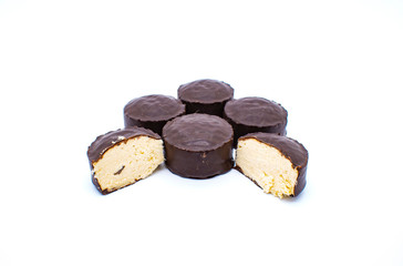 chocolate covered pismaniye on white background. Chocolate Candy Pismaniye. Turkish dessert. Cotton Candy Pismaniye Turkish sweet.