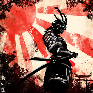 A samurai stands holding his hand on a katana, behind a red sunset,the inscription means in Japanese "the way of the warrior"
