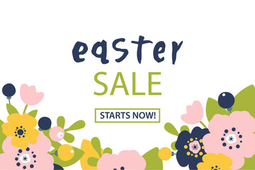 Vector illustration of Happy Easter text. Flat design spring banner of modern calligraphy style. Vector Easter poster background template