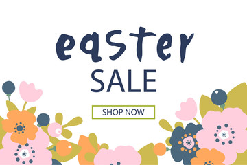 Vector illustration of Happy Easter text. Flat design spring banner of modern calligraphy style. Vector Easter poster background template