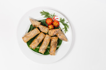 Traditional oriental cuisine of  Vietnam. Pancakes with meat on a white background
