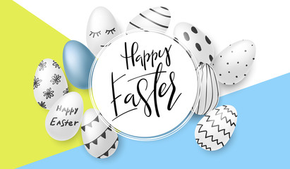Vector illustration of easter day greetings banner template with hand lettering label - happy easter- with realistic white, green and blue eggs