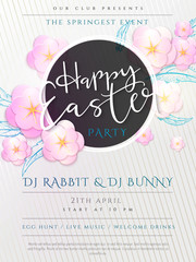 Vector illustration of easter day invitation party poster template with hand lettering label - happy easter- with paper origami spring apple flowers