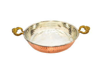 Authentic handmade Turkish copper pan. Copper pan to cook egg isolated on white background. 