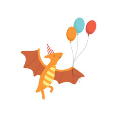 Cute Pteranodon Dinosaur in Party Hat Flying ith Balloons, Funny Colorful Dino Character, Happy Birthday Party Design Element Vector Illustration