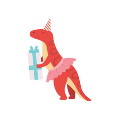 Cute Dinosaur in Party Hat and Pink Skirt, Funny Colorful Dino Character with Gift Box, Happy Birthday Party Design Element Vector Illustration