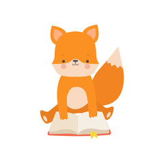 Cute Fox Reading Book, Adorable Smart Animal Character Sitting with Book Vector Illustration