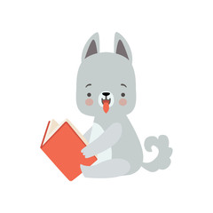 Cute Wolf Cub Reading Book, Adorable Smart Animal Character Sitting with Book Vector Illustration