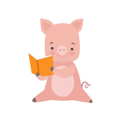 Cute Piglet Reading Book, Adorable Smart Animal Character Sitting with Book Vector Illustration