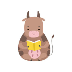 Cute Cow Reading Book, Adorable Smart Animal Character Sitting with Book Vector Illustration