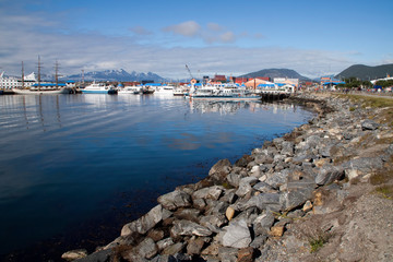 Fototapeta na wymiar Ushuaia Argentina, view of the harbor along the foreshore