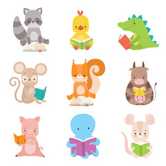 Fototapeta premium Cute Animals Characters Reading Books Set, Adorable Smart Octopus, Cow, Piglet, Squirrel, Crocodile, Chicken, Raccoon, Mouse Sitting with Books Vector Illustration