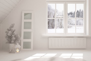 White stylish empty room with winter landscape in window. Scandinavian interior design. 3D illustration