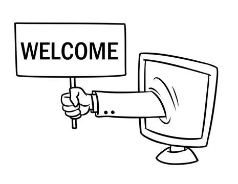 Computer website welcome hand sign cartoon illustration isolated image