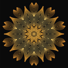 Vector Round Abstract Mandala Style Decorative Element. Hand-Drawn Vector Illustration. Can Be Used For Textile, Greeting Card, Coloring Book, Phone Case Print. Luxury black gold color