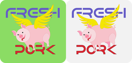 cartoon piggy with wings fresh pork emblem