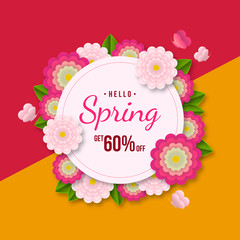 Spring sale background with colorful flower and leaf for spring offer 60% off.