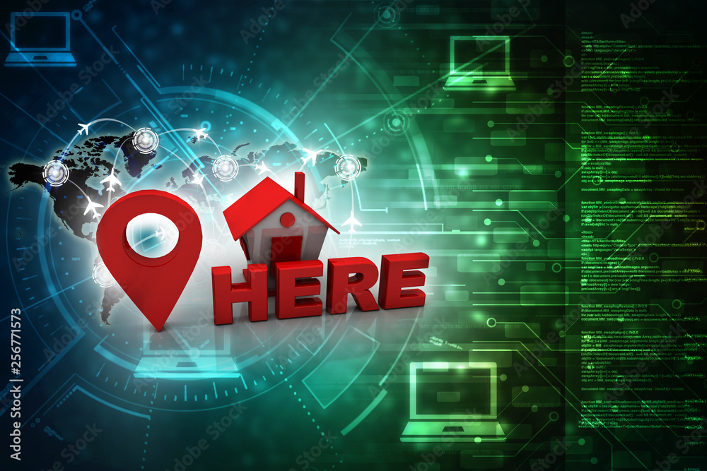 Poster 3d illustration search for property.a map with large red gps pointer containing