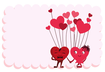 couple hearts with balloons helium kawaii characters