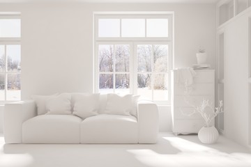 White stylish minimalist room in grey color with sofa and winter landscape in window. Scandinavian interior design. 3D illustration