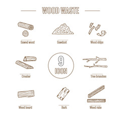Line style icon collection - wood waste elements.  - obrazy, fototapety, plakaty