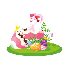 rabbit easter female with egg painted in the garden