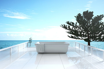 Fototapeta na wymiar 3D Rendering : illustration of outdoor bathtub for relaxing. bathtub on shiny ceramic floor. with swimming pool and seaview. seaview pool villa resort or condominium. luxury concept