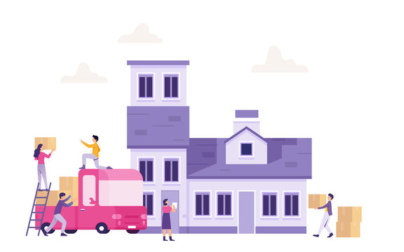 we are moving concept, a group of people work together to lift a cardboard box from a truck to move to a new house 