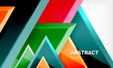 Triangles repetiton geometric abstract background, multicolored glossy triangular shapes, hi-tech poster cover design or web presentation template with copy space