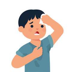 boy is sweating because the weather too hot, exhausting boy in the summer