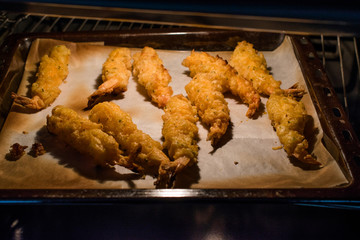 Shrimp Tempura with Soy Sauce on Oven Tray.