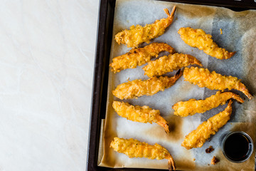 Shrimp Tempura with Soy Sauce on Oven Tray.