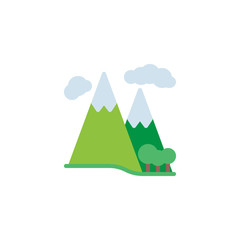 Mountain forest and clouds flat icon, vector sign, colorful pictogram isolated on white. Nature landscape symbol, logo illustration. Flat style design