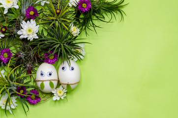 A couple of Easter egg hiding in green Tillandsia Airplant tress and chrysanthemum flowers on green color background with space for text.