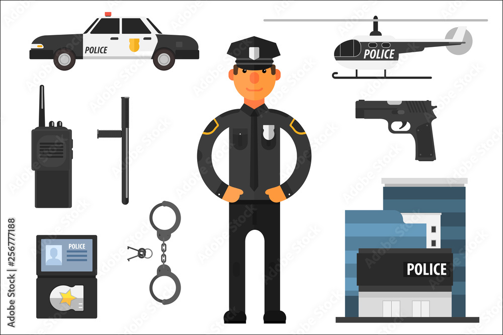 Sticker Cartoon set of police attributes. Officer, gun, baton, automobile, badge, helicopter, handcuffs, keys, portable radio and building. Flat vector elements for infographic