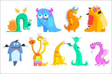 Fototapeta na wymiar Colorful flat vector set of funny monsters. Cartoon fantastic creatures with wings, horns and tails. Graphic design for children s book, postcard or sticker
