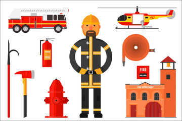 Set of firefighter elements. Fireman in uniform, helicopter, fire engine, extinguisher, axe, hook, hose, fire department, alarm and hydrant. Colorful flat vector icons