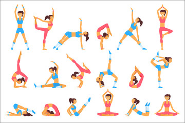 Beautiful woman doing various exercises. Yoga poses. Healthy lifestyle. Cartoon character of young girl in sportswear. Sport and leisure. Flat vector set