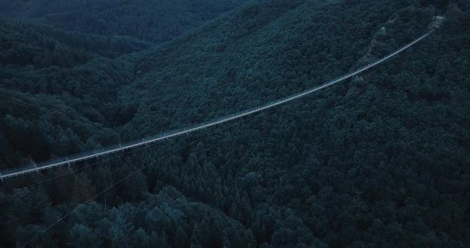 Drone shot above Geierlay Bridge. H&auml;ngeseilbr&uuml;cke Geierlay in Germany. Suspension bridge above the forest. Tourist attraction in Germany. Beautiful nature in Hunsr&uuml;ck. Traveling Germany.
