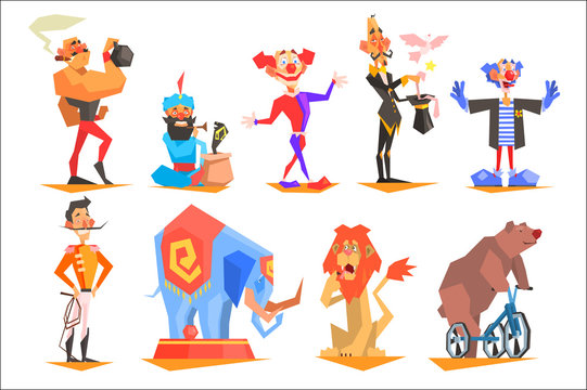 Set of funny circus characters clown, magician, acrobat, strongman, snake charmer, tamer and trained animals. Colorful flat vector design