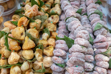 Dried figs on a string sold at traditional street market. Croatia