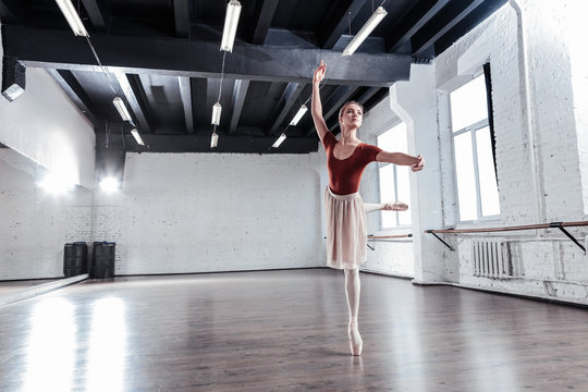 Skillful beautiful ballet dancer having a rehearsal