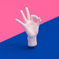 Ok gesture sculpture, zero sign, isolated white female hand model on yellow background, art fashion concept, modern promo creative banner, 3d rendering,