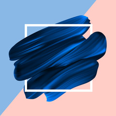Blue vector lipstick smear. Female girly logo. Paint brush stroke in frame, banner template. Design element