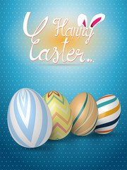 Collection of realistic 3D Easter eggs with different texture, pattern on retro pastel background